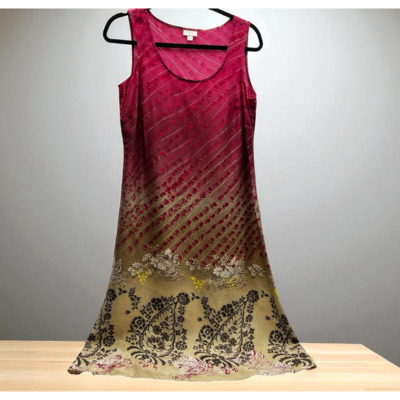 J. Jill Sleeveless 100% Silk Midi A Line Dress Women's Size Small Pink Tan Brown - Picture 1 of 11